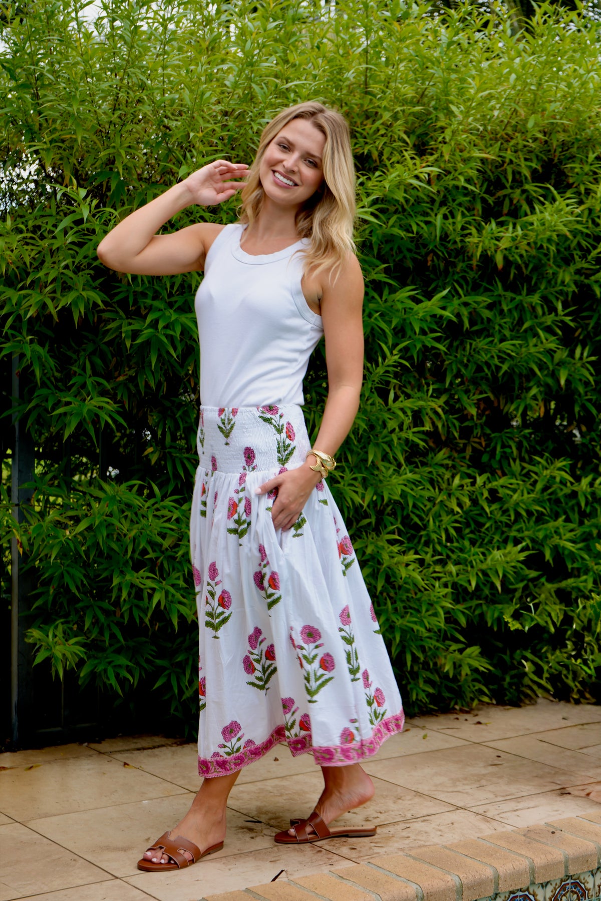 Long Every Day Skirt | Floral Block Print | Pink