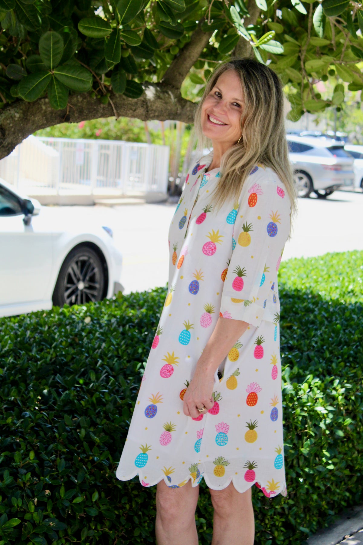 Scalloped Delray Dress | Happy Pineapples | Multi/White image 1