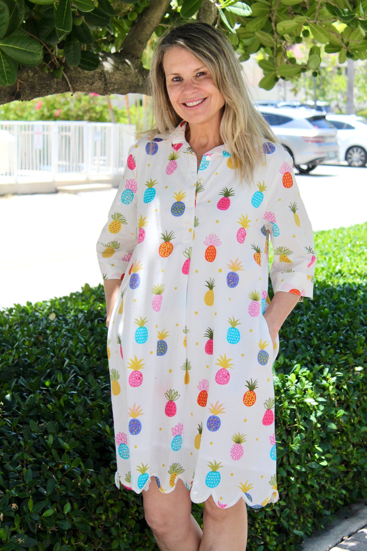 Scalloped Delray Dress | Happy Pineapples | Multi/White image 0
