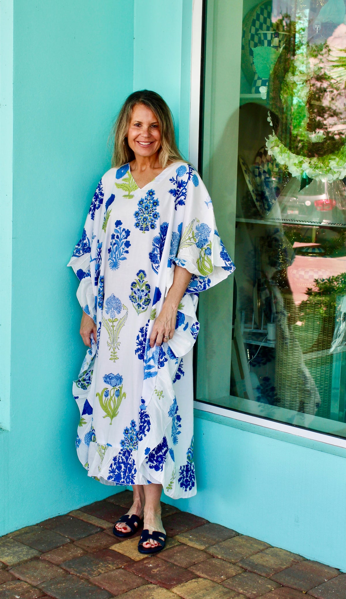 Ruffle Kaftan | Block Print Floral | Blue image 0