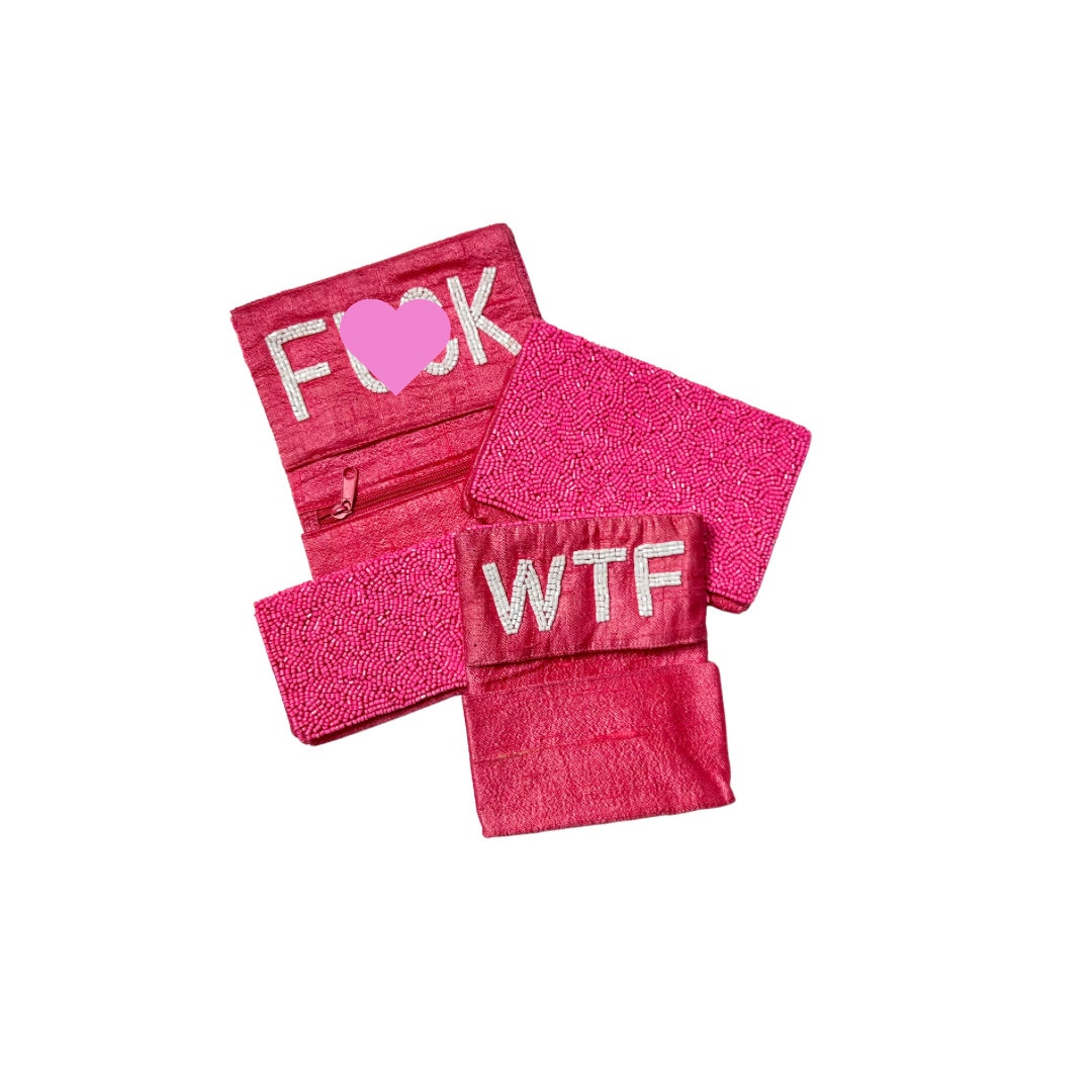 Beaded WTF Card Holder | Assorted Sizes | White/Pink image 3