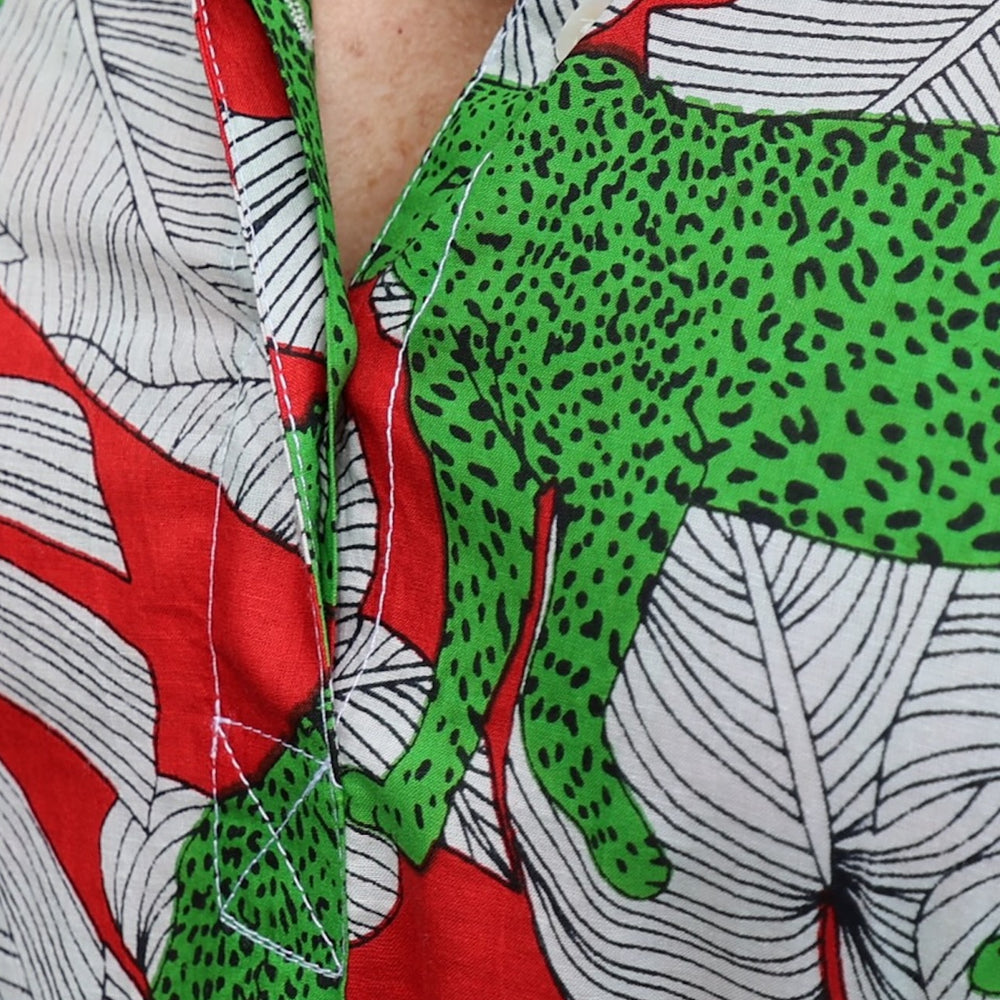 Jungle Jag print fabric in red, white and green