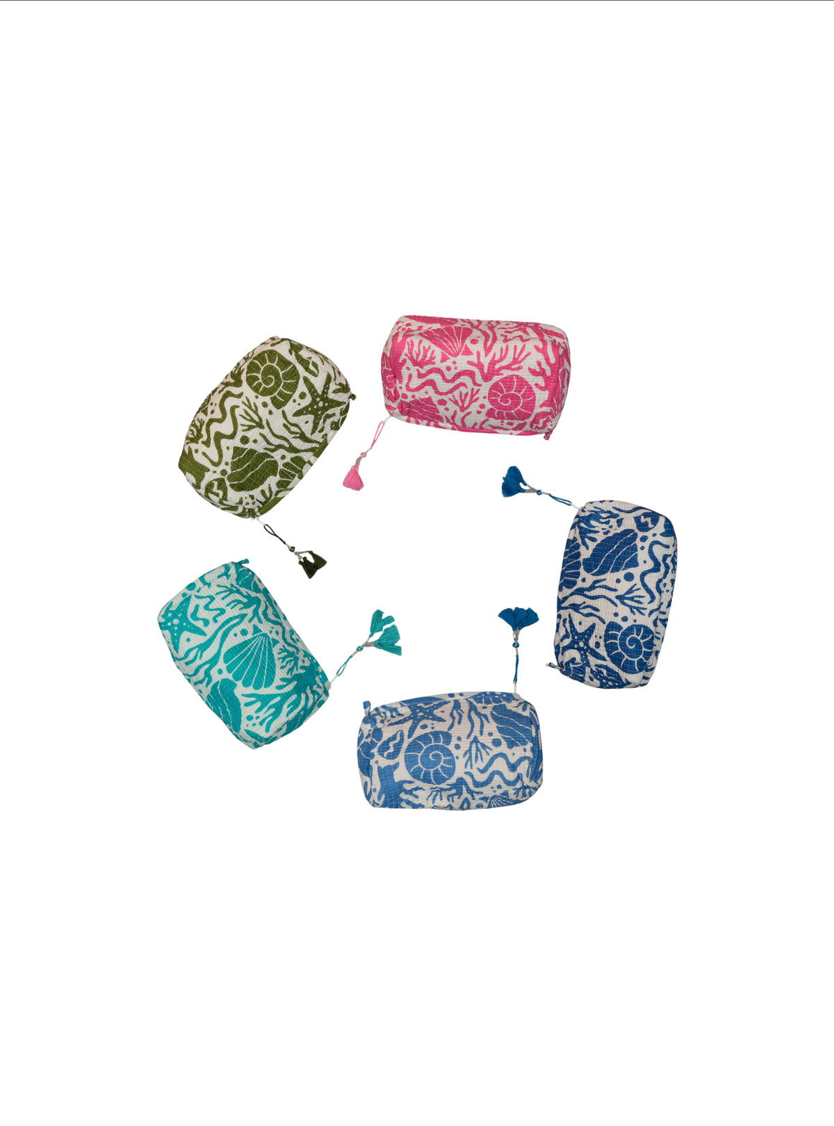 Set of colorful patterned pouches on a white background